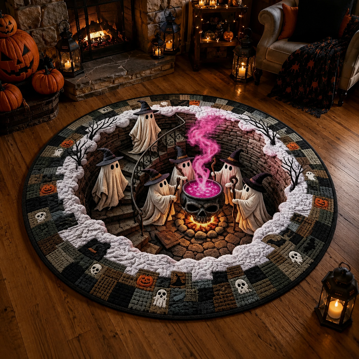 Halloween 3D Vortex Optical Illusion Round Rug, Non Slip Decorative Floor Mat, Spooky Visual Trap Design, Halloween Home Decor Gift for Family & Party Lovers