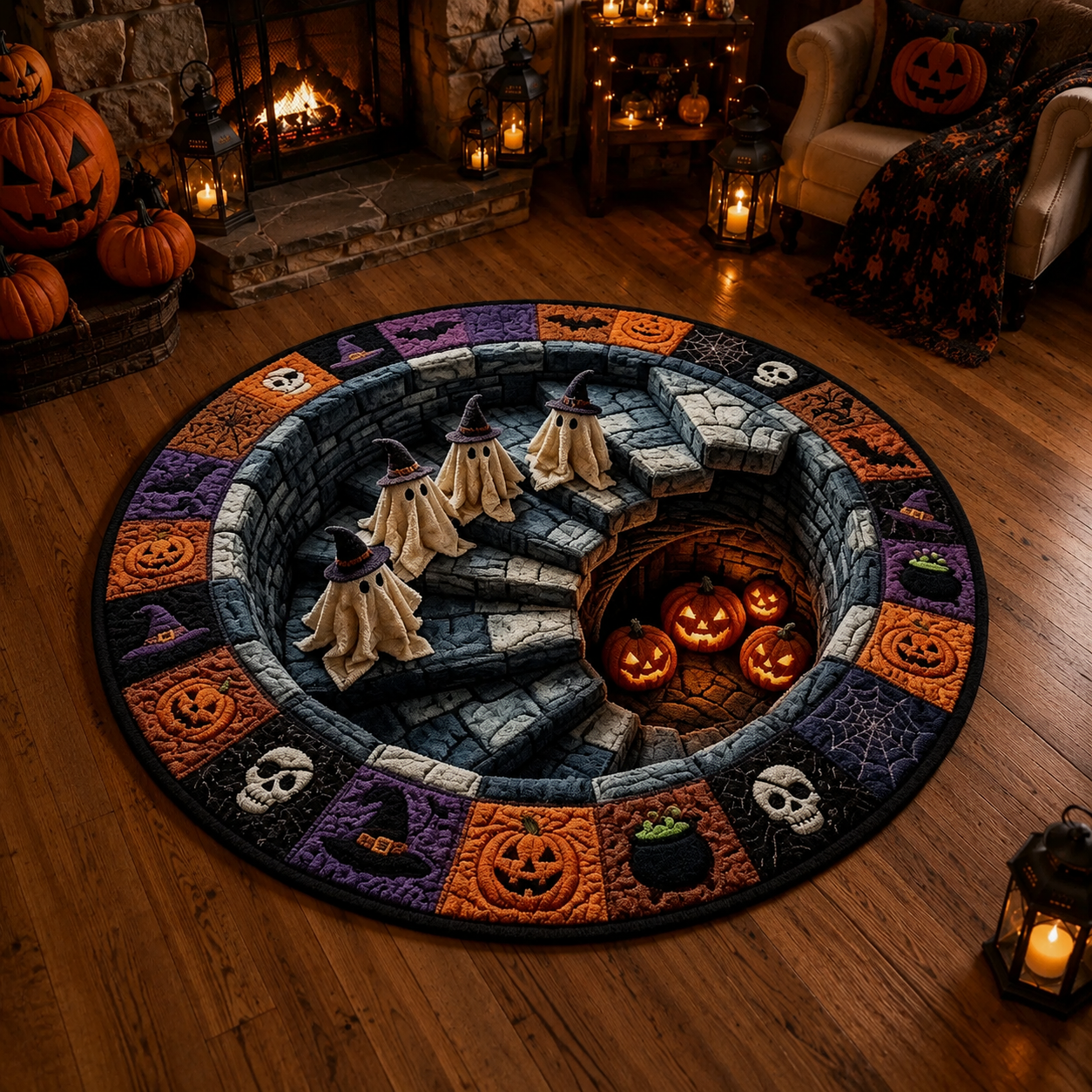 Halloween 3D Vortex Optical Illusion Round Rug, Non Slip Decorative Floor Mat, Spooky Visual Trap Design, Halloween Home Decor Gift for Family & Party Lovers