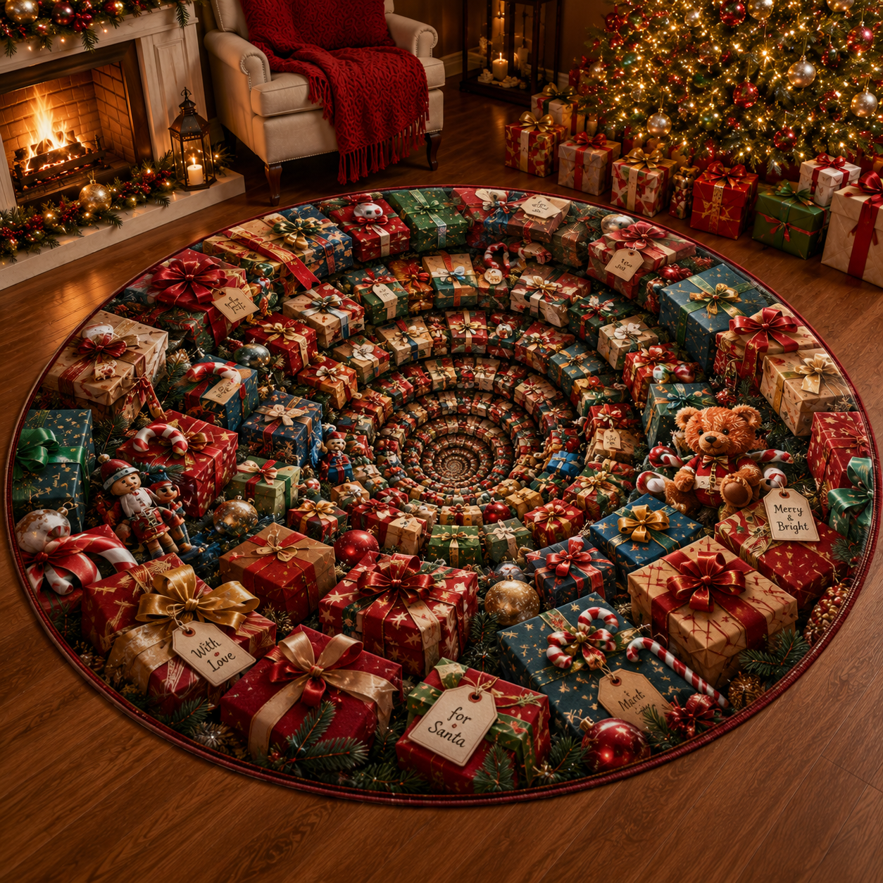 Christmas 3D Vortex Optical Illusion Round Rug, Non Slip Decorative Floor Mat, Festive Visual Trap Design, Xmas Home Decoration Gift for Family and Holiday Party Lovers