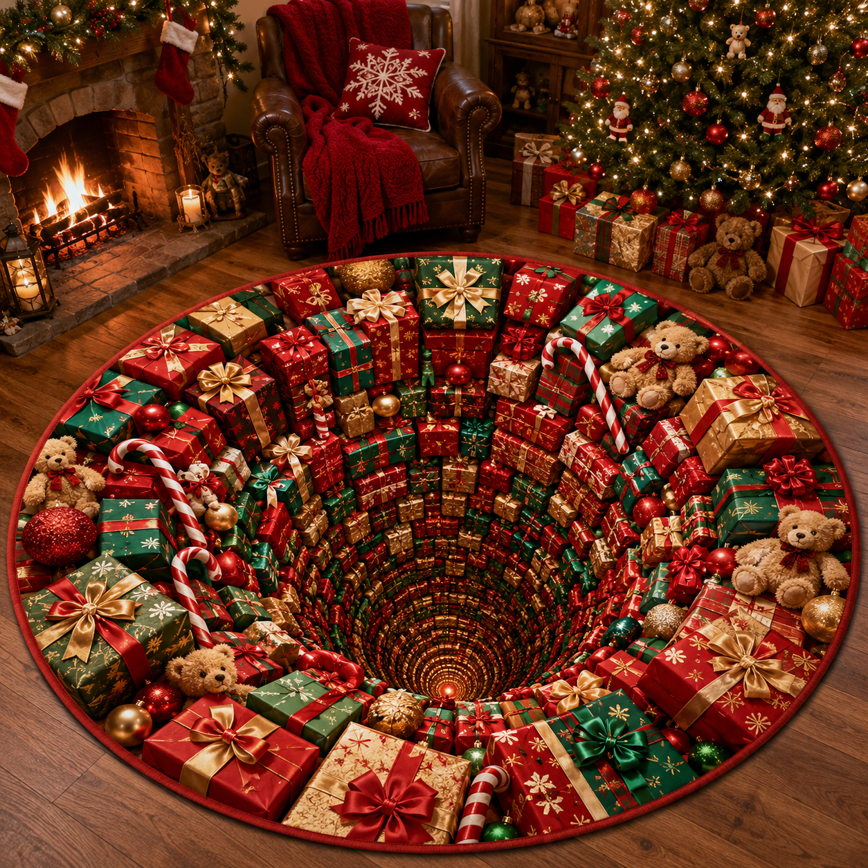 Christmas 3D Vortex Optical Illusion Round Rug, Non Slip Decorative Floor Mat, Festive Visual Trap Design, Xmas Home Decoration Gift for Family and Holiday Party Lovers