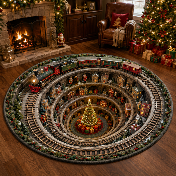 Christmas 3D Vortex Optical Illusion Round Rug, Non Slip Decorative Floor Mat, Festive Visual Trap Design, Xmas Home Decoration Gift for Family and Holiday Party Lovers