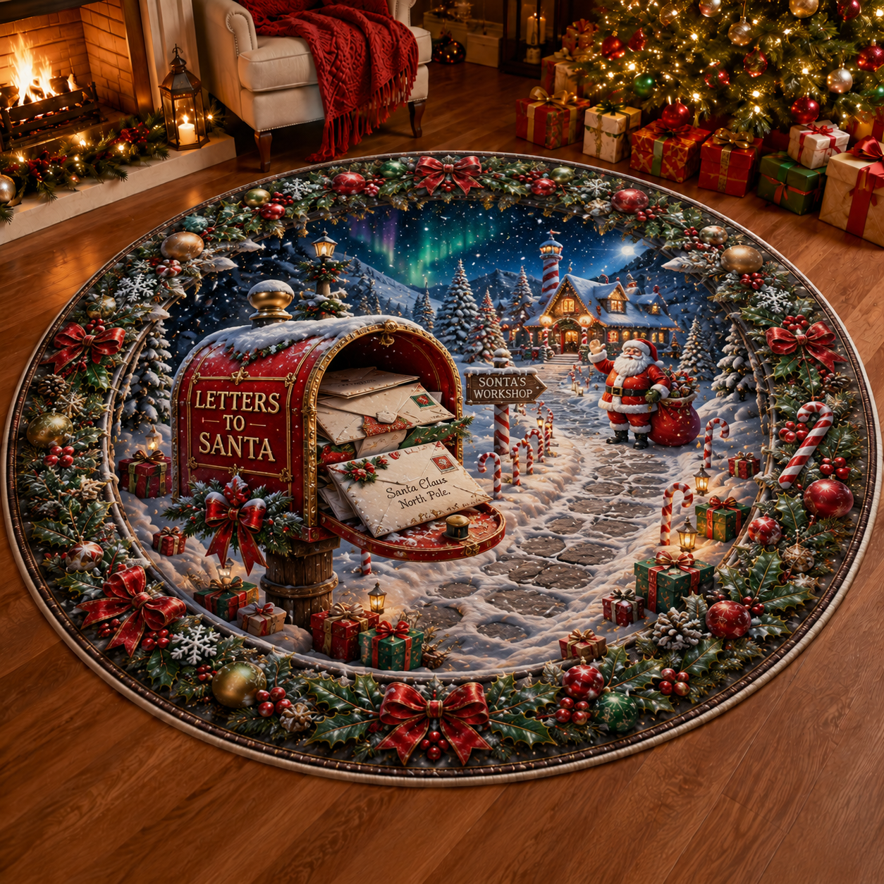 Christmas 3D Vortex Optical Illusion Round Rug, Non Slip Decorative Floor Mat, Festive Visual Trap Design, Xmas Home Decoration Gift for Family and Holiday Party Lovers