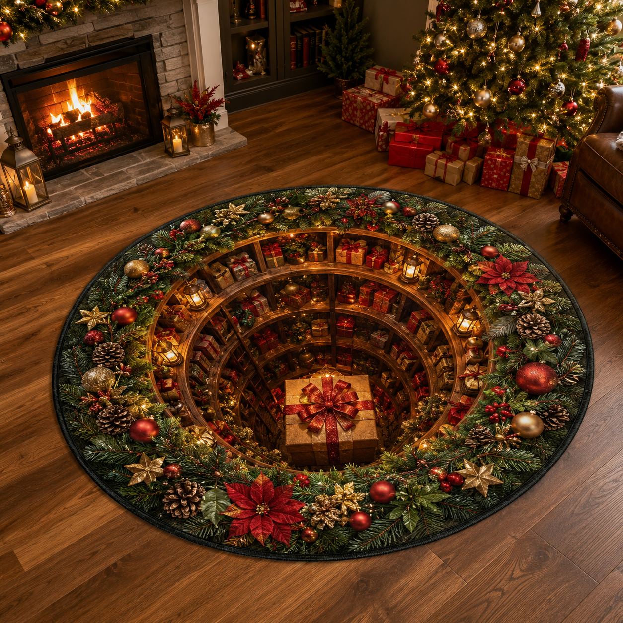 Christmas 3D Vortex Optical Illusion Round Rug, Non Slip Decorative Floor Mat, Festive Visual Trap Design, Xmas Home Decoration Gift for Family and Holiday Party Lovers