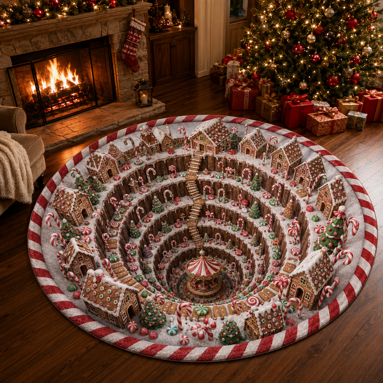 Christmas 3D Vortex Optical Illusion Round Rug, Non Slip Decorative Floor Mat, Festive Visual Trap Design, Xmas Home Decoration Gift for Family and Holiday Party Lovers