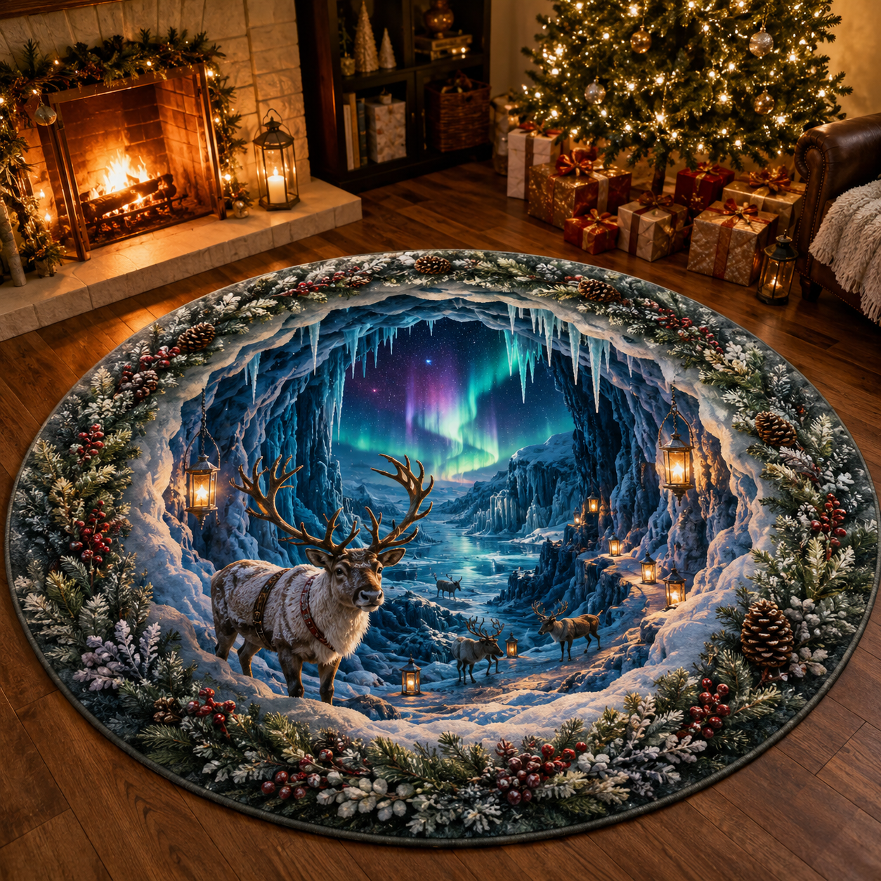 Christmas 3D Vortex Optical Illusion Round Rug, Non Slip Decorative Floor Mat, Festive Visual Trap Design, Xmas Home Decoration Gift for Family and Holiday Party Lovers