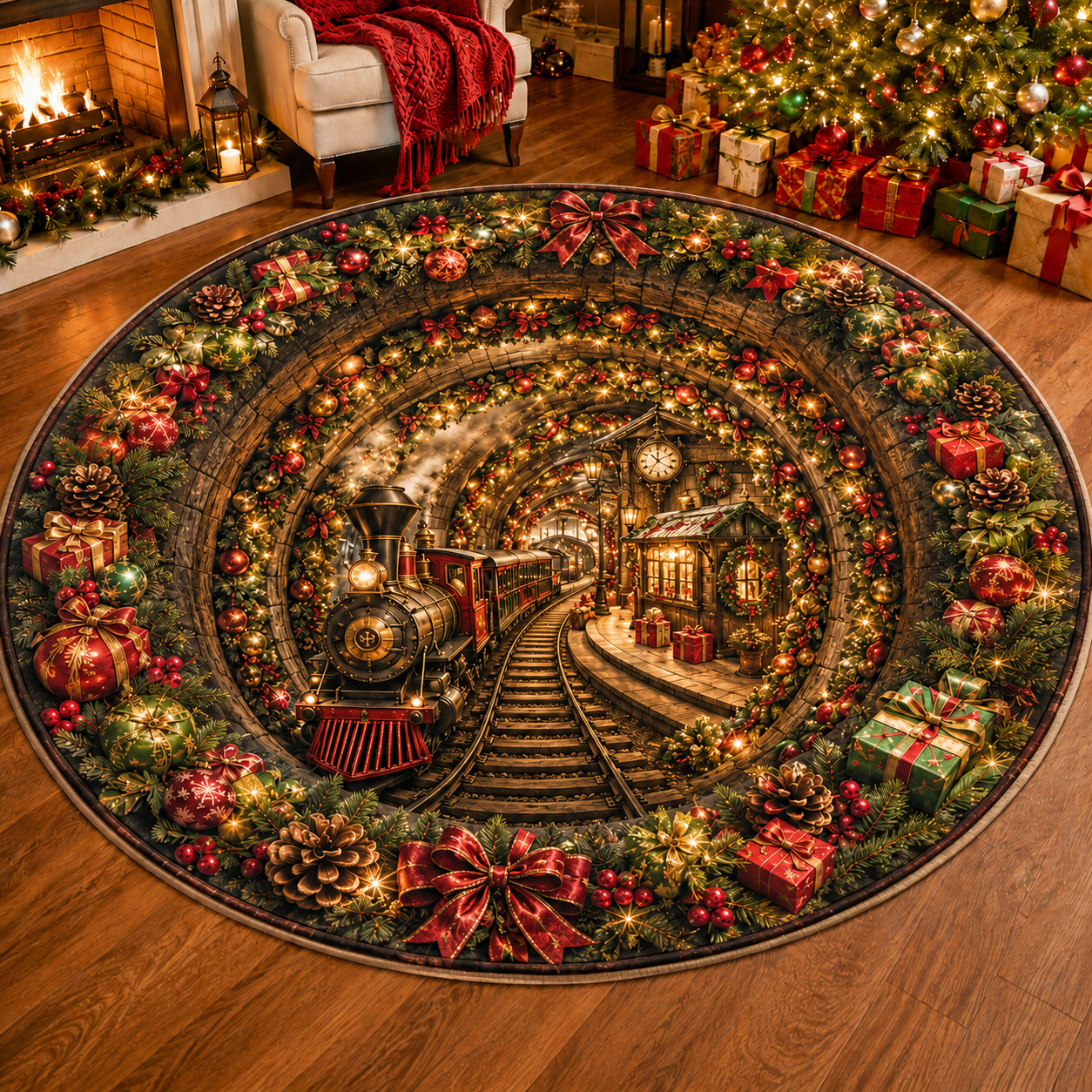 Christmas 3D Vortex Optical Illusion Round Rug, Non Slip Decorative Floor Mat, Festive Visual Trap Design, Xmas Home Decoration Gift for Family and Holiday Party Lovers