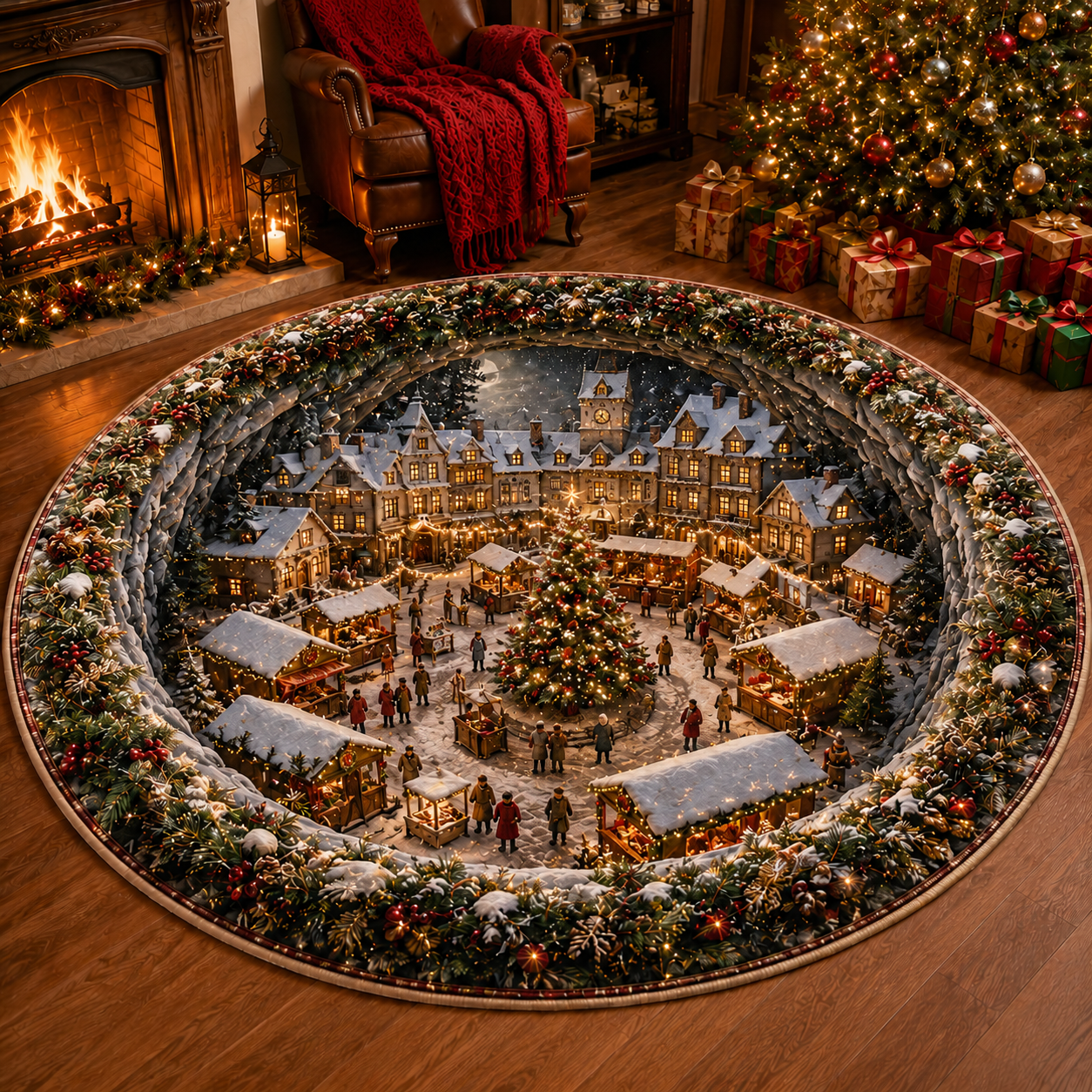 Christmas 3D Vortex Optical Illusion Round Rug, Non Slip Decorative Floor Mat, Festive Visual Trap Design, Xmas Home Decoration Gift for Family and Holiday Party Lovers