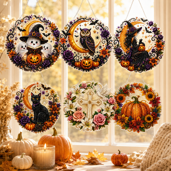 Halloween Wreath Diamond Painting DIY Kit, Acrylic Hanging Ornament for Window Home Decor