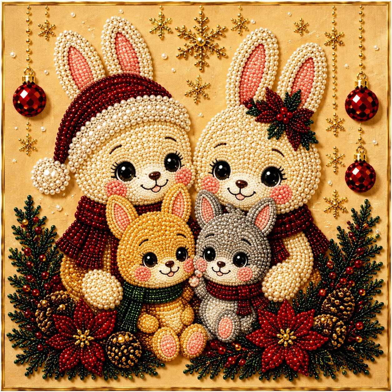 Christmas Pearl Diamond Paintings Kit  Animal Family Patterns Include Round Beads, Printed Canvas and Applicator Tools