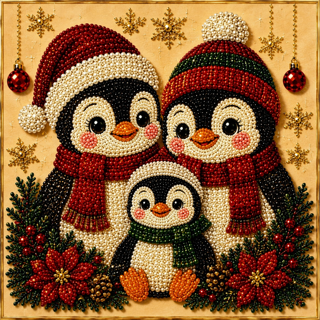Christmas Pearl Diamond Paintings Kit  Animal Family Patterns Include Round Beads, Printed Canvas and Applicator Tools