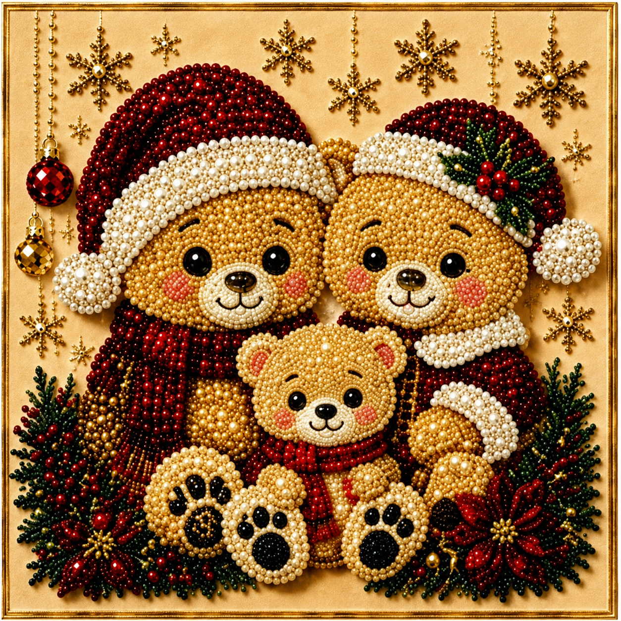 Christmas Pearl Diamond Paintings Kit  Animal Family Patterns Include Round Beads, Printed Canvas and Applicator Tools