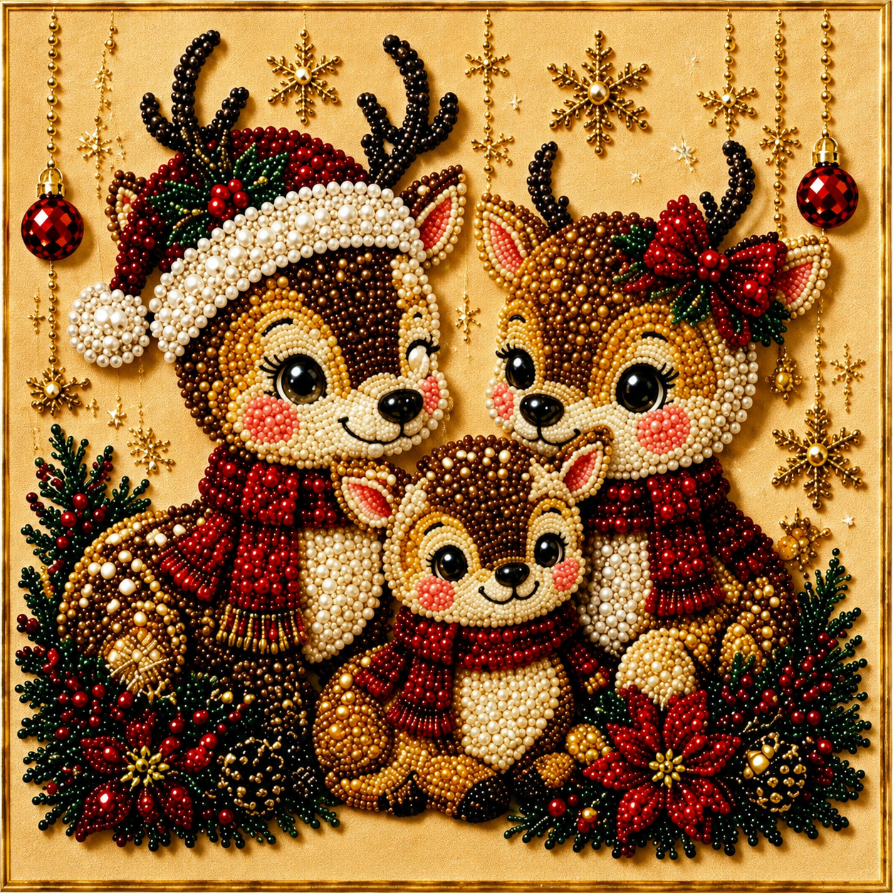 Christmas Pearl Diamond Paintings Kit  Animal Family Patterns Include Round Beads, Printed Canvas and Applicator Tools