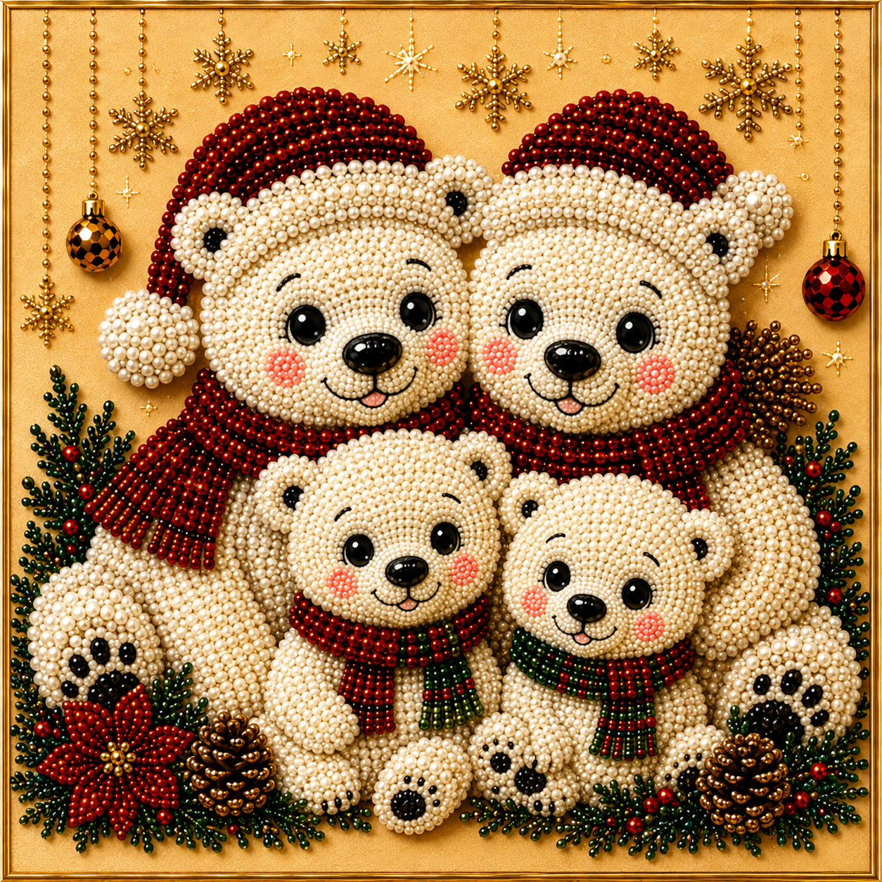 Christmas Pearl Diamond Paintings Kit  Animal Family Patterns Include Round Beads, Printed Canvas and Applicator Tools
