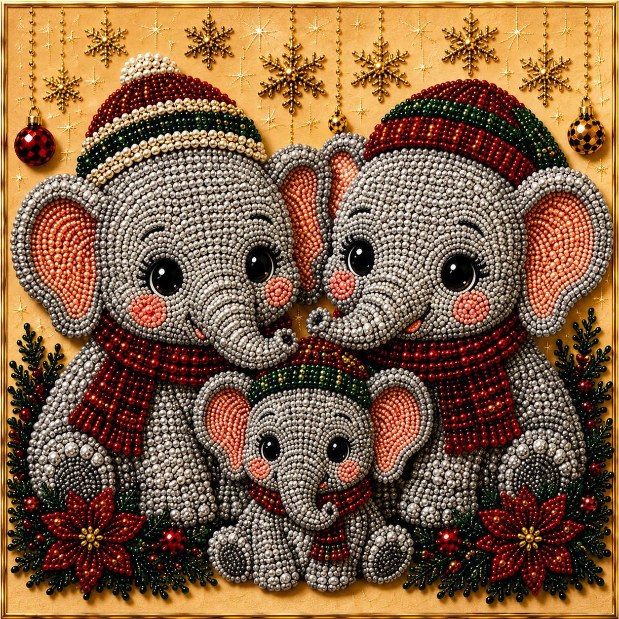 Christmas Pearl Diamond Paintings Kit  Animal Family Patterns Include Round Beads, Printed Canvas and Applicator Tools