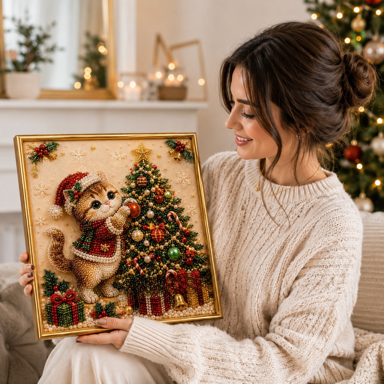 3D Pearl Christmas Kitty Art Kit ¨C DIY Diamond Painting Set for Christmas Gift For Pet Lover