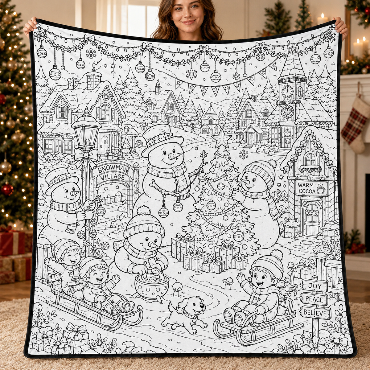 DIY Christmas Drawing Blanket with 24 Colors Markers, Doodle Your Own Xmas Blanket, Customizable Washable Paint Play Blanket for Adults, Kids