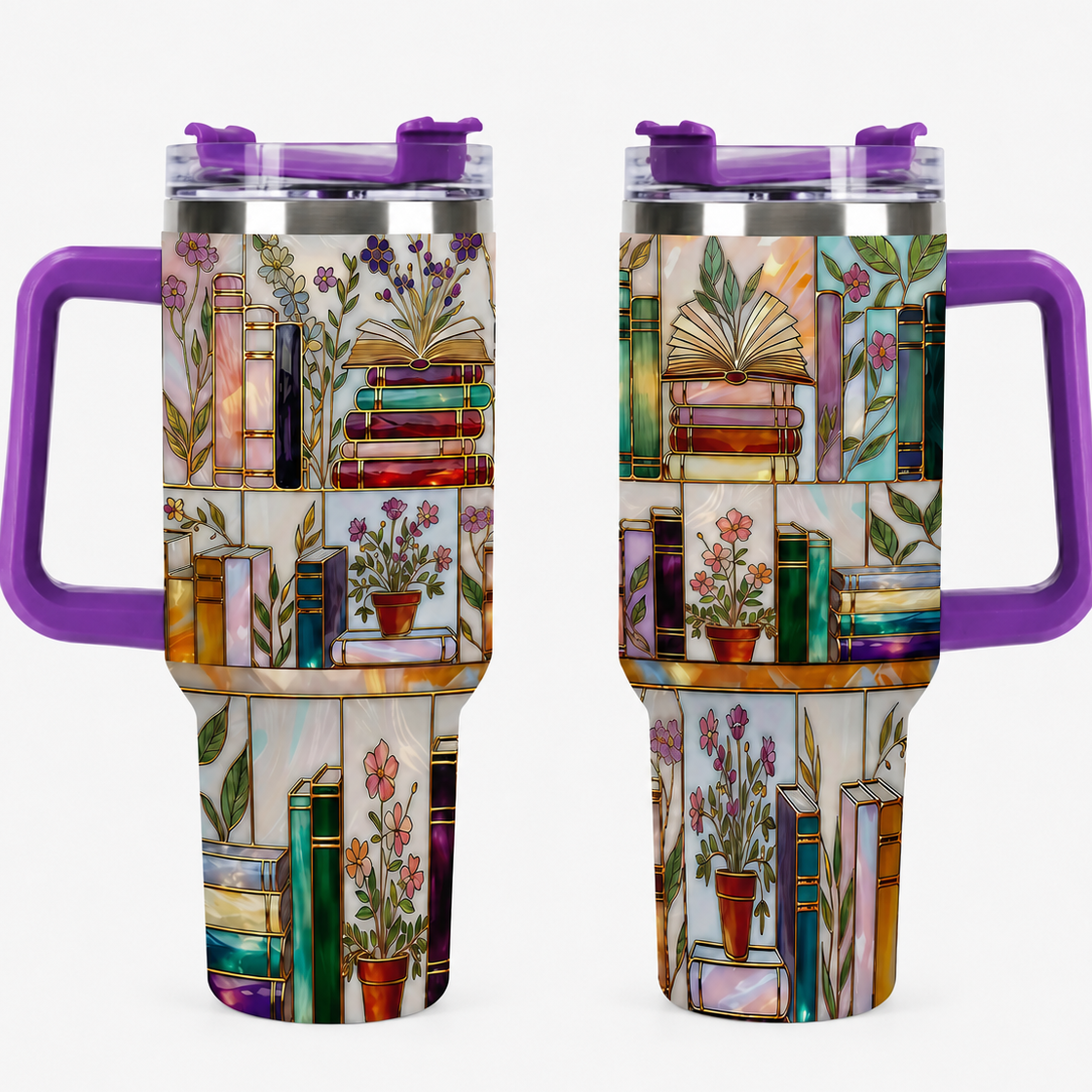 Stained-Glass Book Design 40oz Tumbler,Flat 2D Printed Floral Bookshelf Tumbler, Book Lover Gift, Bookish Cup, Library Cup, Tea Cup, Coffee Mug, Gift for Friends, Kitchen Drinkware, Dealsforyou, Summerwins