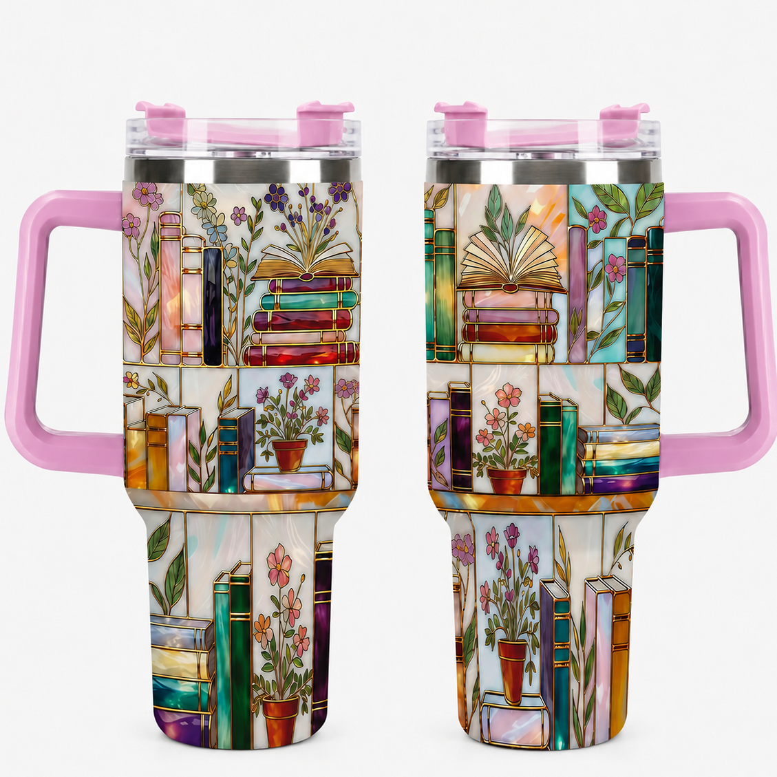 Stained-Glass Book Design 40oz Tumbler,Flat 2D Printed Floral Bookshelf Tumbler, Book Lover Gift, Bookish Cup, Library Cup, Tea Cup, Coffee Mug, Gift for Friends, Kitchen Drinkware, Dealsforyou, Summerwins