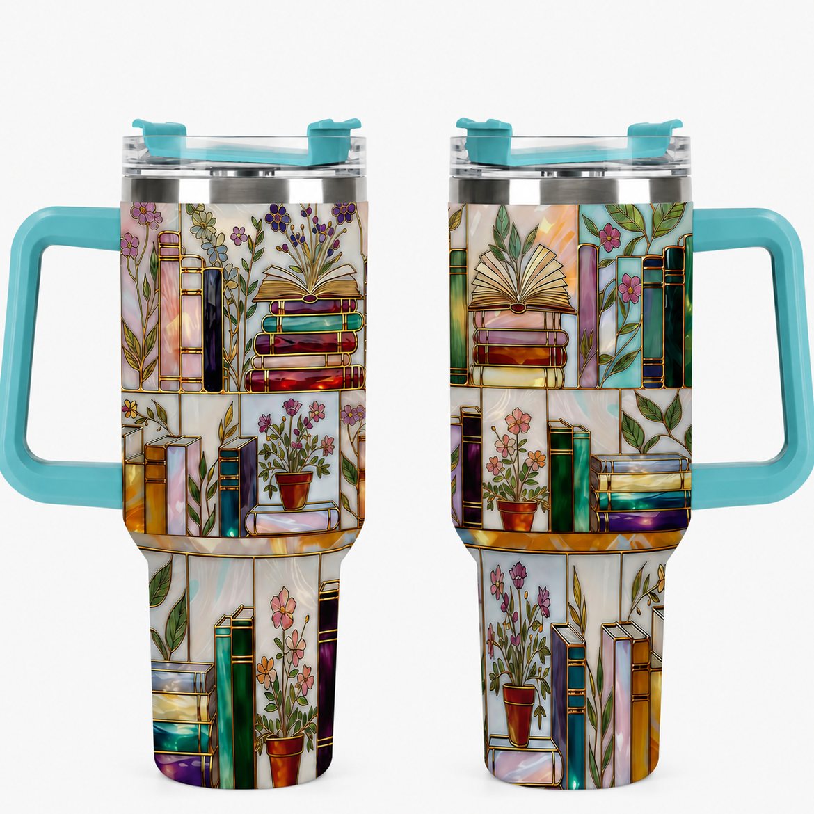 Stained-Glass Book Design 40oz Tumbler,Flat 2D Printed Floral Bookshelf Tumbler, Book Lover Gift, Bookish Cup, Library Cup, Tea Cup, Coffee Mug, Gift for Friends, Kitchen Drinkware, Dealsforyou, Summerwins
