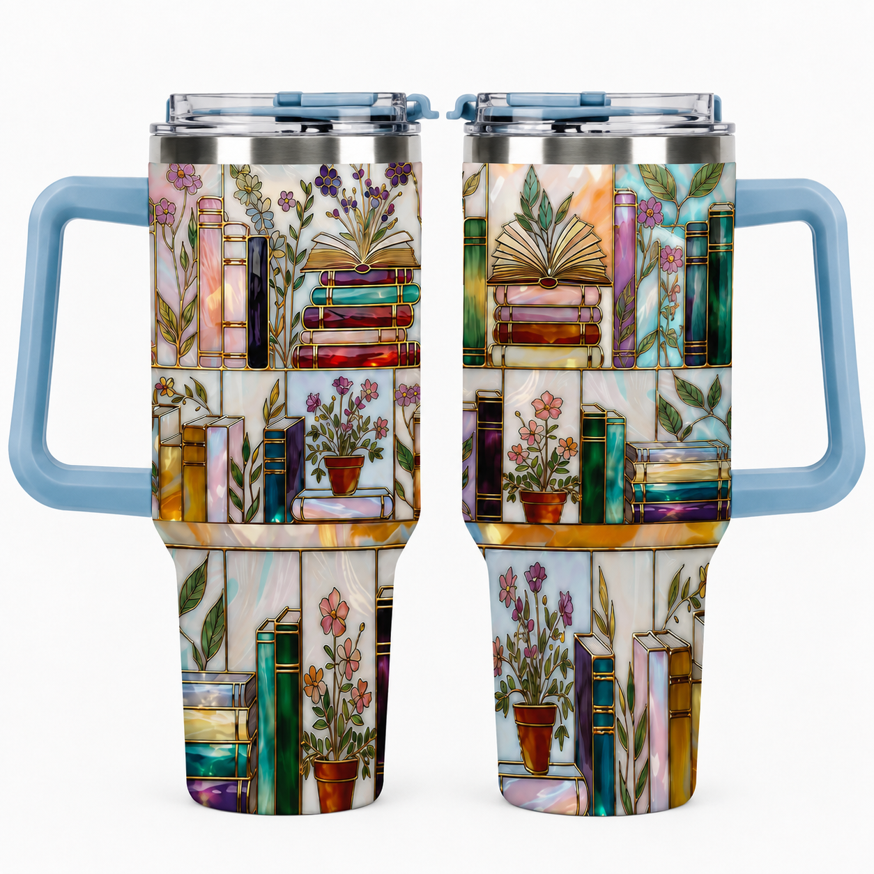 Stained-Glass Book Design 40oz Tumbler,Flat 2D Printed Floral Bookshelf Tumbler, Book Lover Gift, Bookish Cup, Library Cup, Tea Cup, Coffee Mug, Gift for Friends, Kitchen Drinkware, Dealsforyou, Summerwins