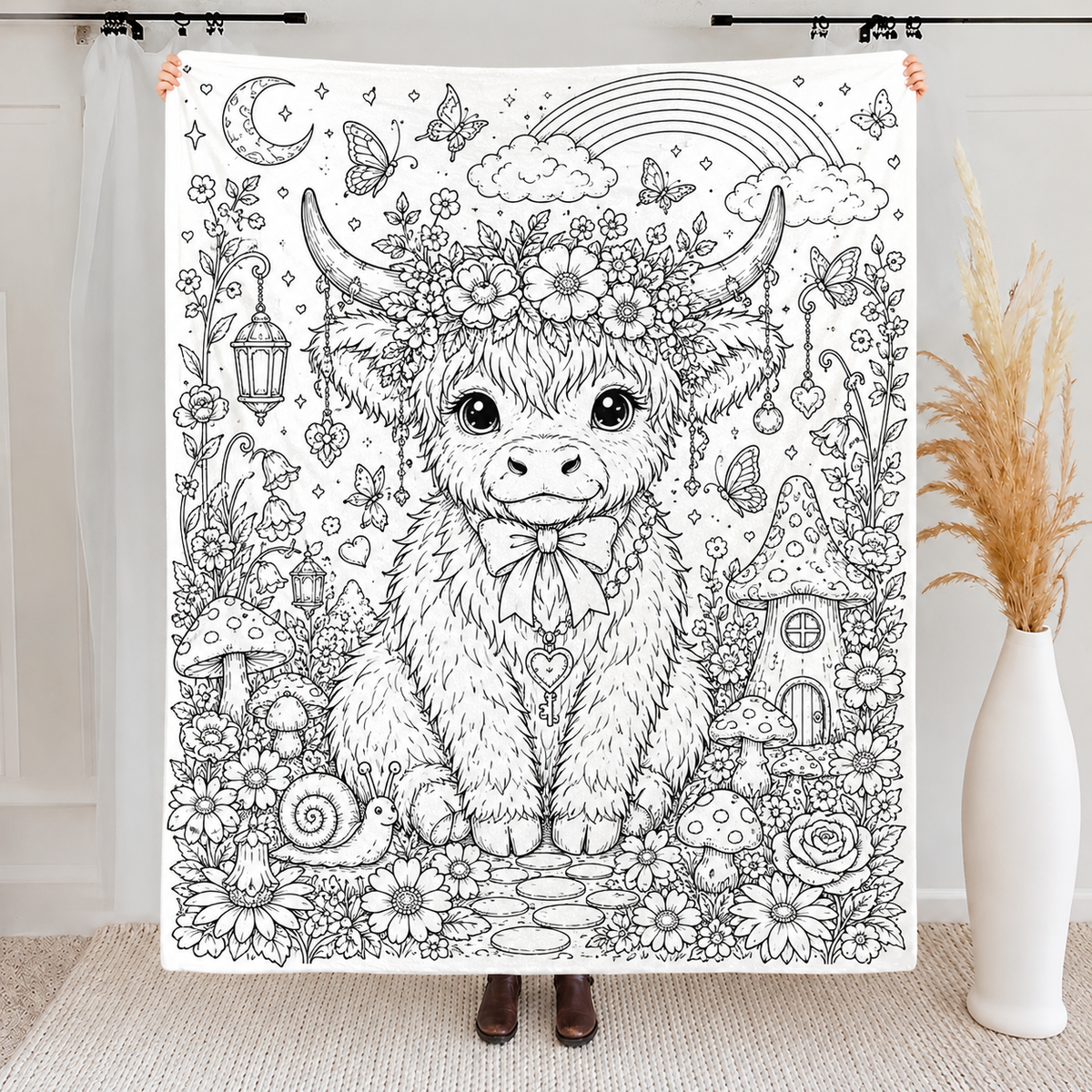 Highland Cow Coloring Blanket, DIY Doodle Fleece Throw Blanket, Custom Color Your Own Highland Cow Themed Blanket, Creative Craft Gift For Cow Lovers, Adults & Kids