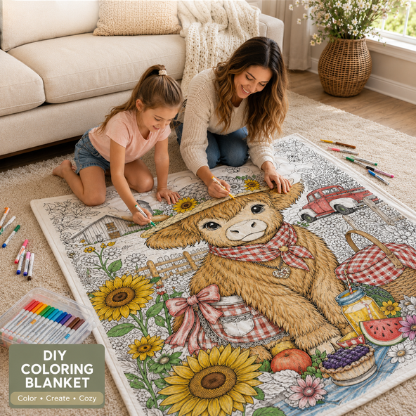 Highland Cow Coloring Blanket, DIY Doodle Fleece Throw Blanket, Custom Color Your Own Highland Cow Themed Blanket, Creative Craft Gift For Cow Lovers, Adults & Kids
