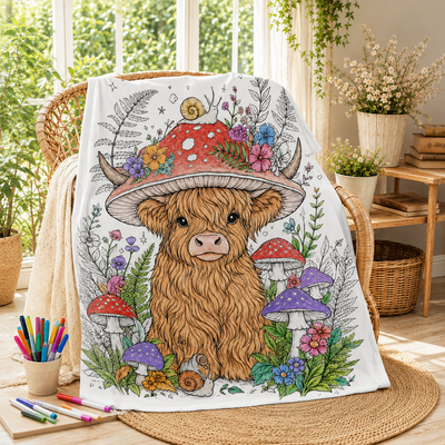 Highland Cow Coloring Blanket, DIY Doodle Fleece Throw Blanket, Custom Color Your Own Highland Cow Themed Blanket, Creative Craft Gift For Cow Lovers, Adults & Kids