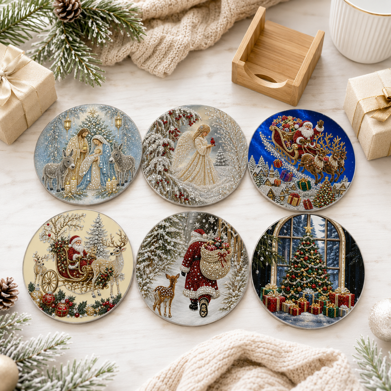 DIY Diamond Painting Coaster Kit, Round Christmas Diamond Art Kit, Nativity Scene & Santa Sleigh DIY Drill Craft, Xmas Holiday Table Decor, Christmas Gift for Adults