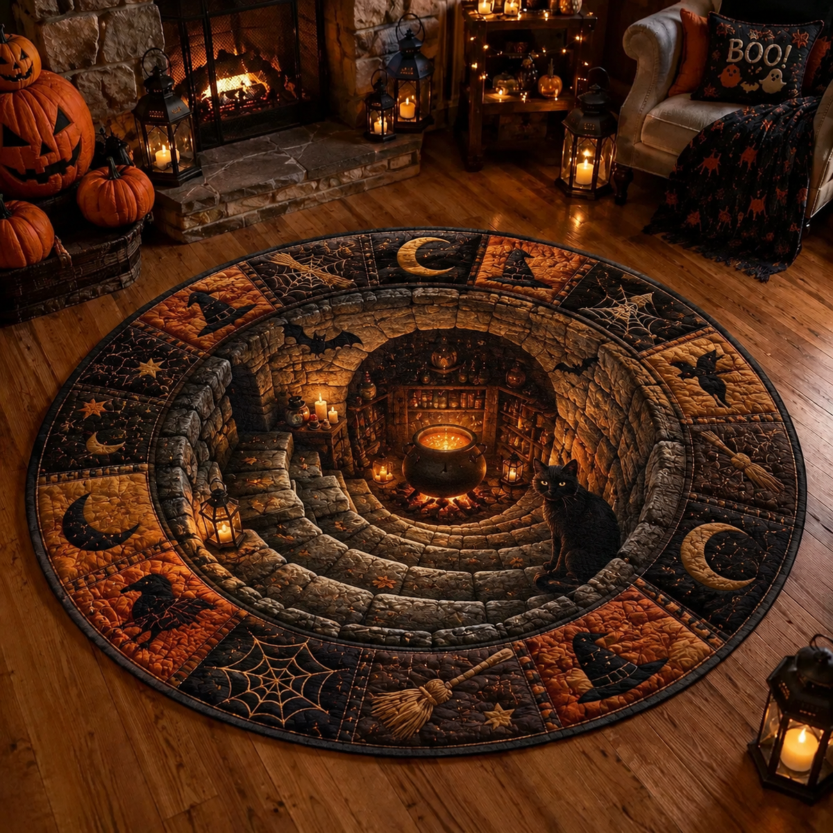Halloween 3D Vortex Optical Illusion Round Rug, Non Slip Decorative Floor Mat, Spooky Visual Trap Design, Halloween Home Decor Gift for Family & Party Lovers