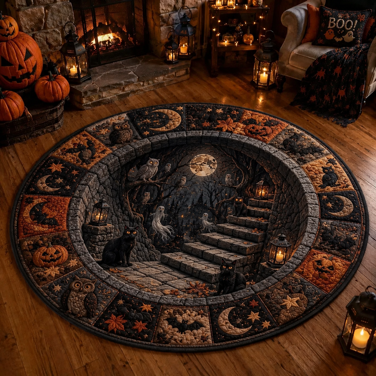 Halloween 3D Vortex Optical Illusion Round Rug, Non Slip Decorative Floor Mat, Spooky Visual Trap Design, Halloween Home Decor Gift for Family & Party Lovers