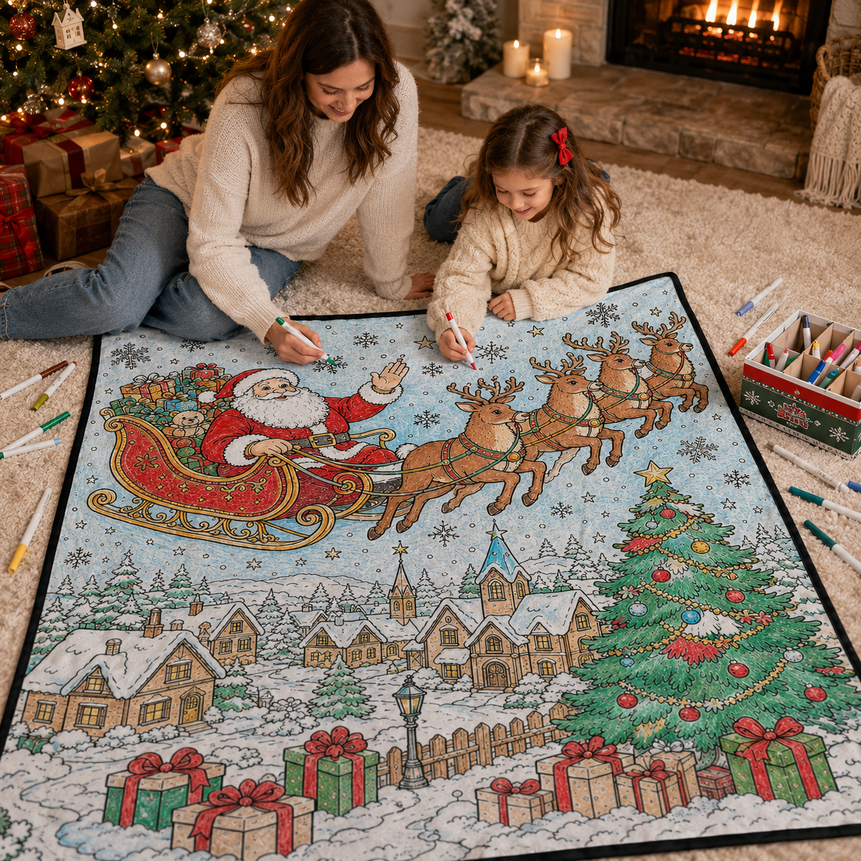 DIY Christmas Drawing Blanket with 24 Colors Markers, Doodle Your Own Xmas Blanket, Customizable Washable Paint Play Blanket for Adults, Kids