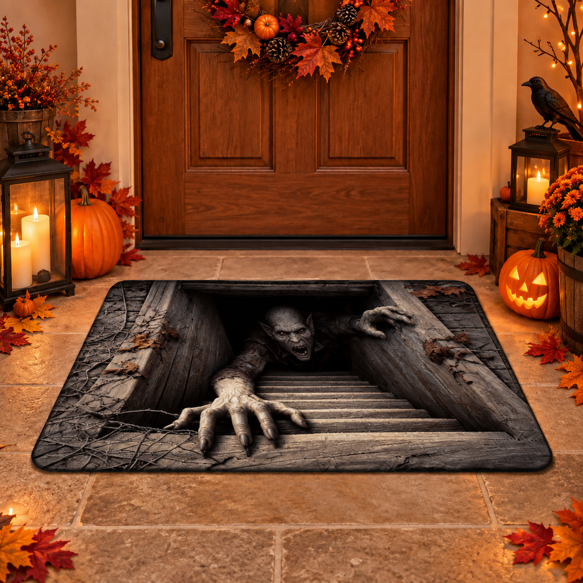 Halloween Skeleton Floor Mat – 3D Optical Illusion Trap Design, Spooky Home Decor Gift for Halloween Lovers