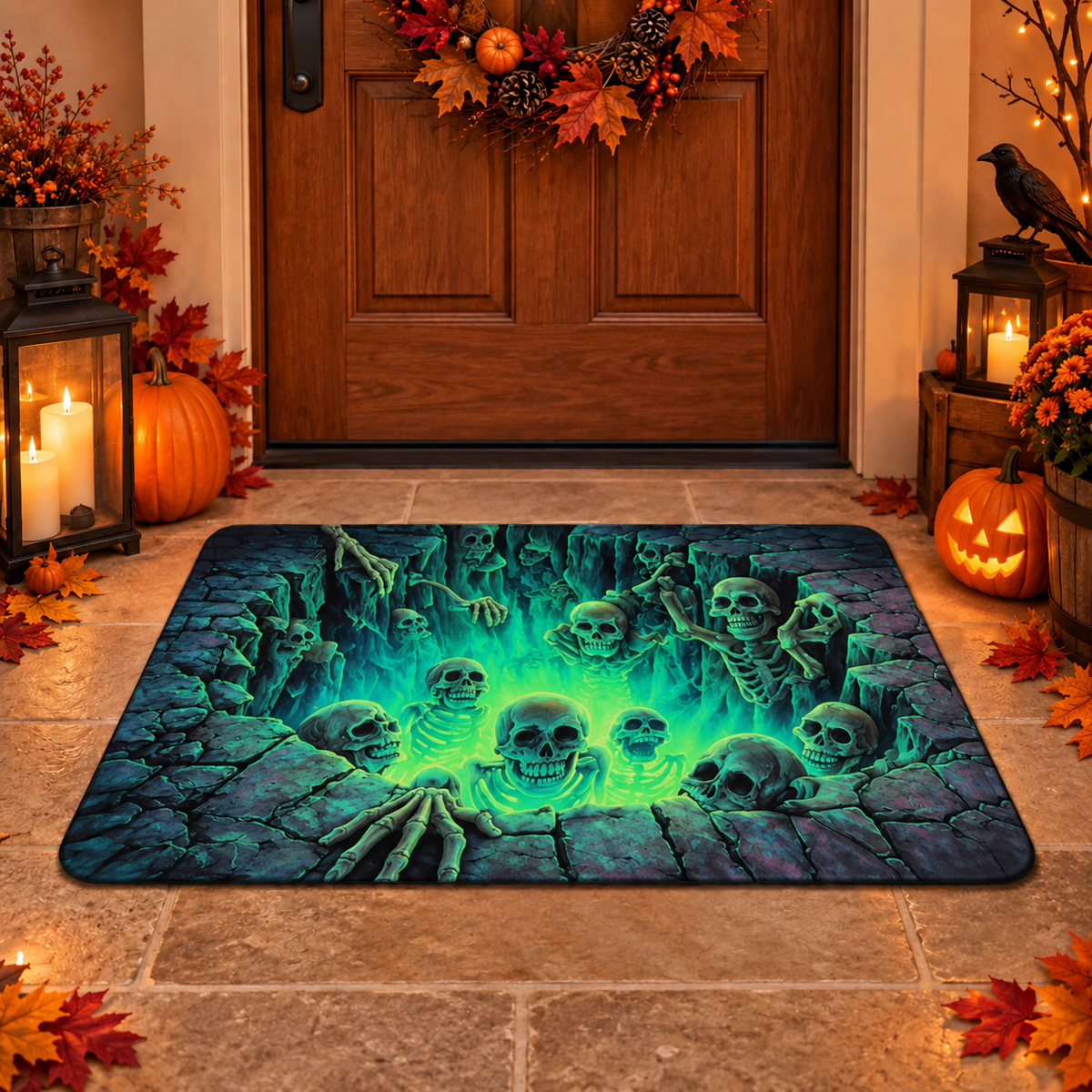 Halloween Skeleton Floor Mat – 3D Optical Illusion Trap Design, Spooky Home Decor Gift for Halloween Lovers