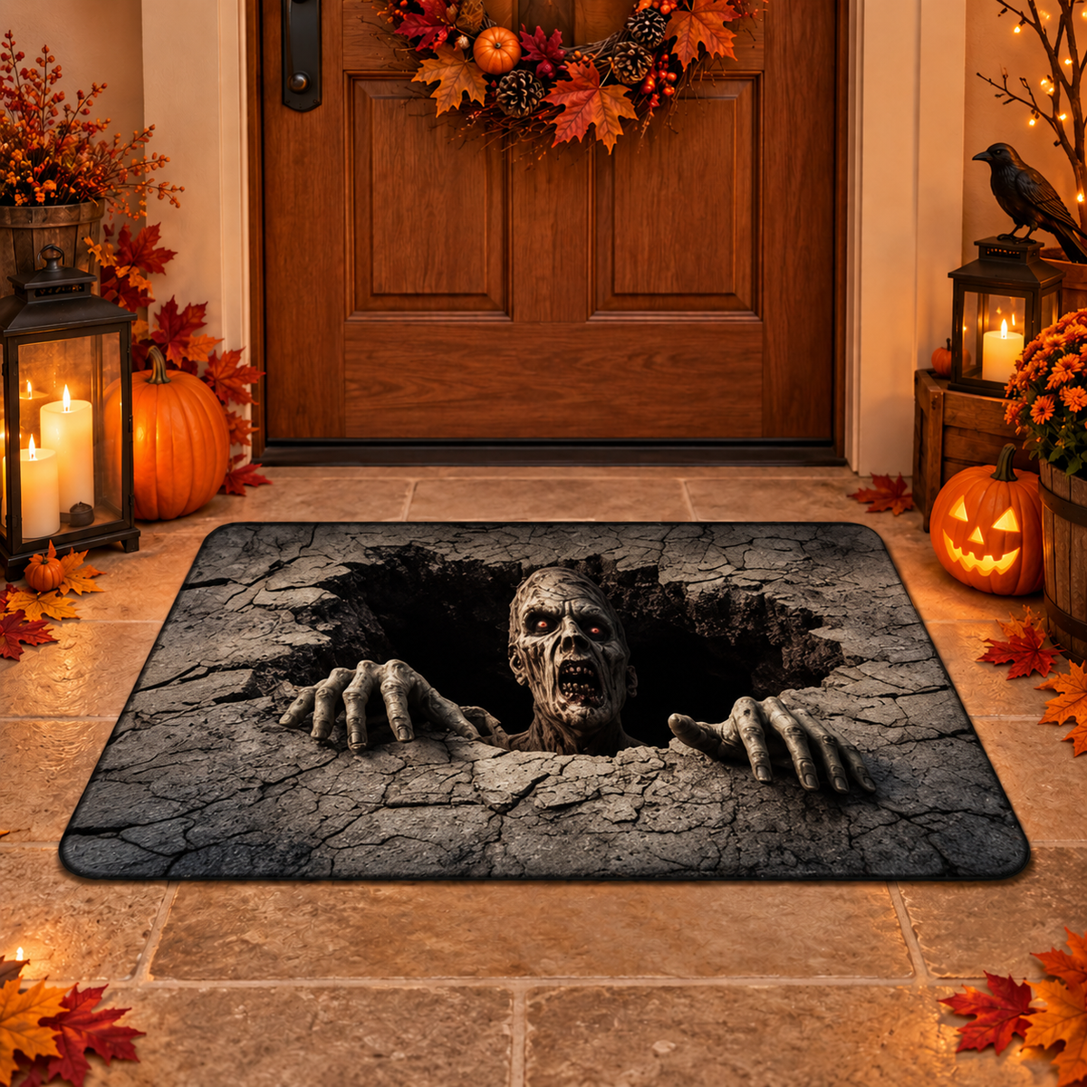 Halloween Skeleton Floor Mat – 3D Optical Illusion Trap Design, Spooky Home Decor Gift for Halloween Lovers