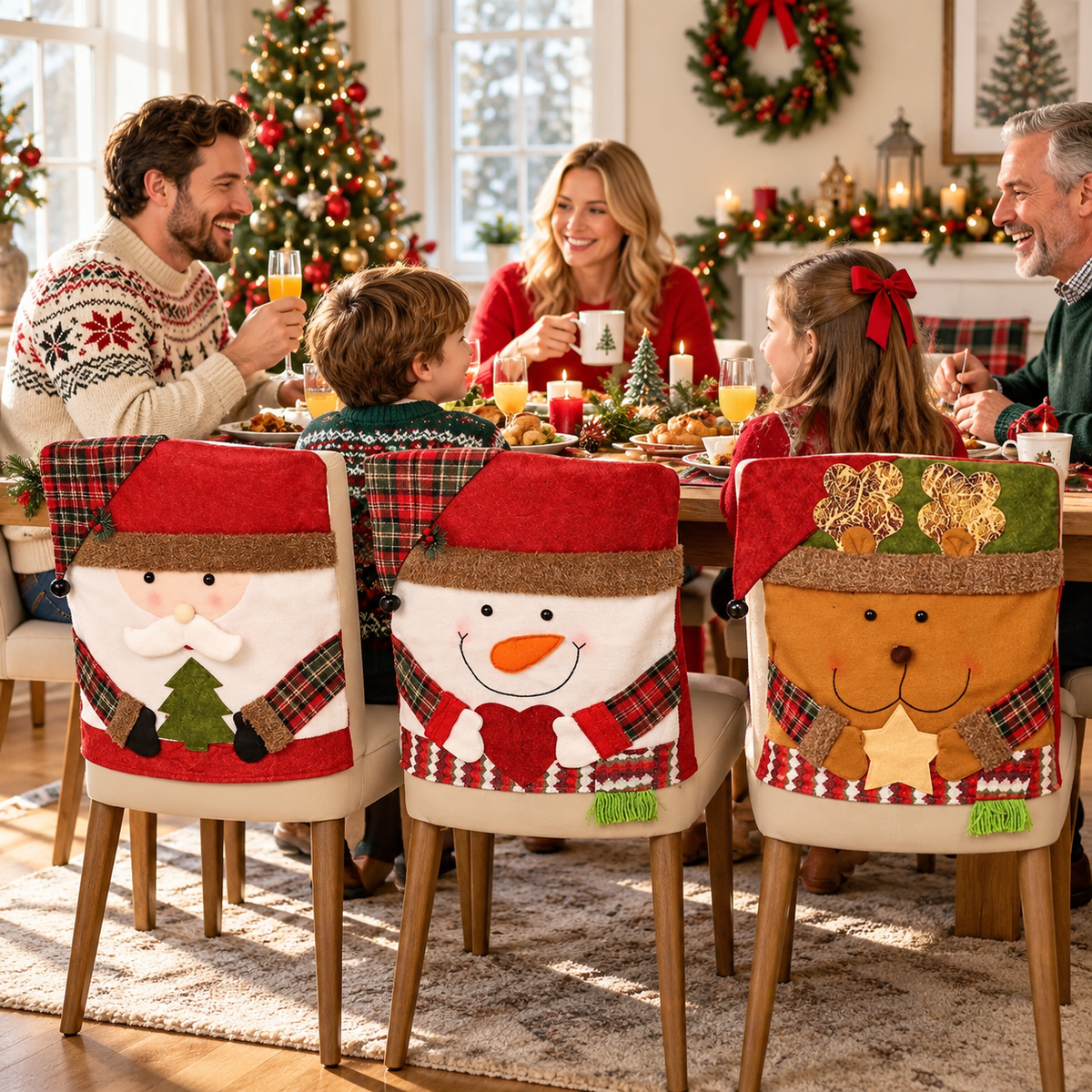 Christmas Chair Back Cover – Assorted Festive Character Designs, Holiday Dining Decor Gift for Family