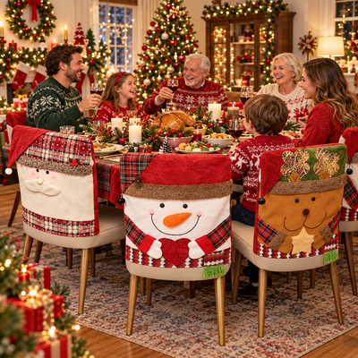 Christmas Chair Back Cover – Assorted Festive Character Designs, Holiday Dining Decor Gift for Family