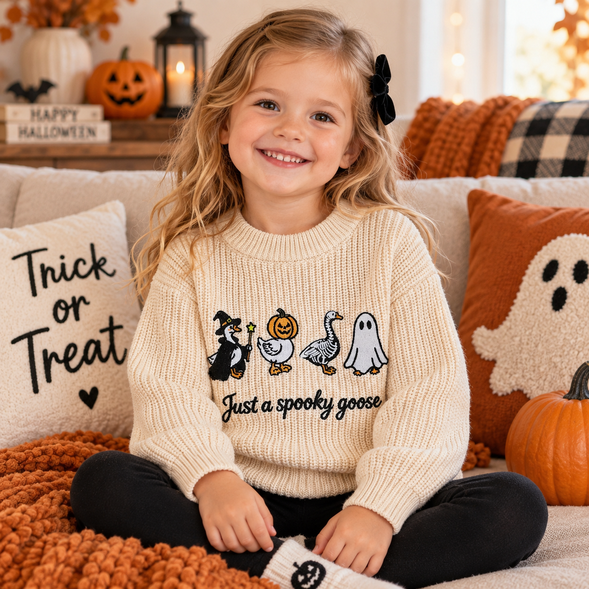 Toddler Baby Little Boy Girl Halloween Sweater Pumpkin Skull Goose Ghost Embroidery Long Sleeve Pullover Unisex Fall Knit Tops