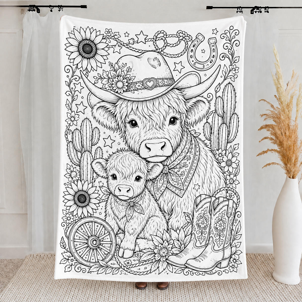 Highland Cow Coloring Blanket, DIY Doodle Fleece Throw Blanket, Custom Color Your Own Highland Cow Themed Blanket, Creative Craft Gift For Cow Lovers, Adults & Kids