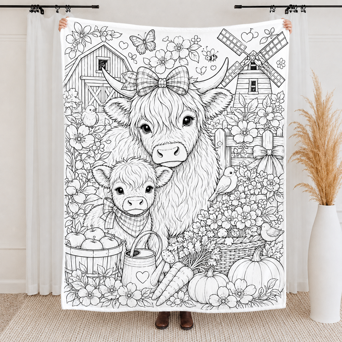 Highland Cow Coloring Blanket, DIY Doodle Fleece Throw Blanket, Custom Color Your Own Highland Cow Themed Blanket, Creative Craft Gift For Cow Lovers, Adults & Kids