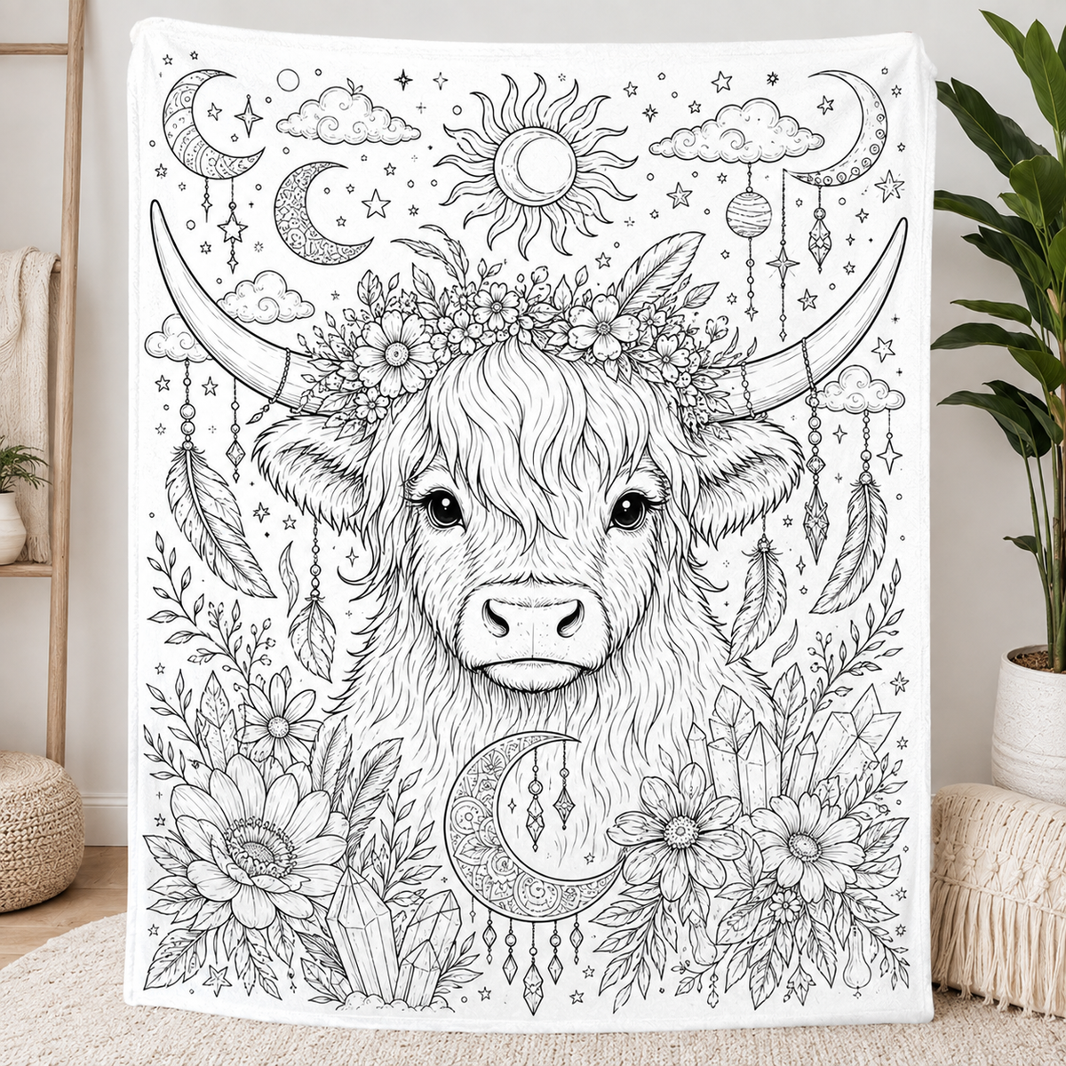 Highland Cow Coloring Blanket, DIY Doodle Fleece Throw Blanket, Custom Color Your Own Highland Cow Themed Blanket, Creative Craft Gift For Cow Lovers, Adults & Kids