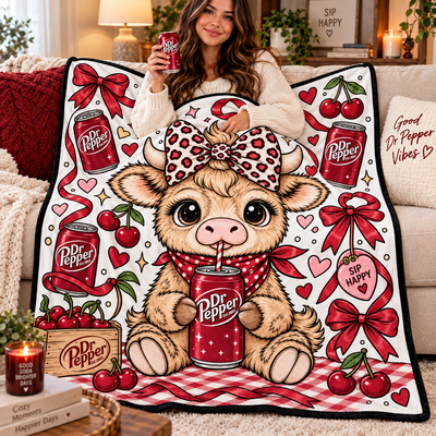 Highland Cow Dr Pepper Coloring Blanket, DIY Color Your Own Blanket, Cute Cow Soda Themed Throw Blanket, Creative Art Gift for Cow and Soda Lovers