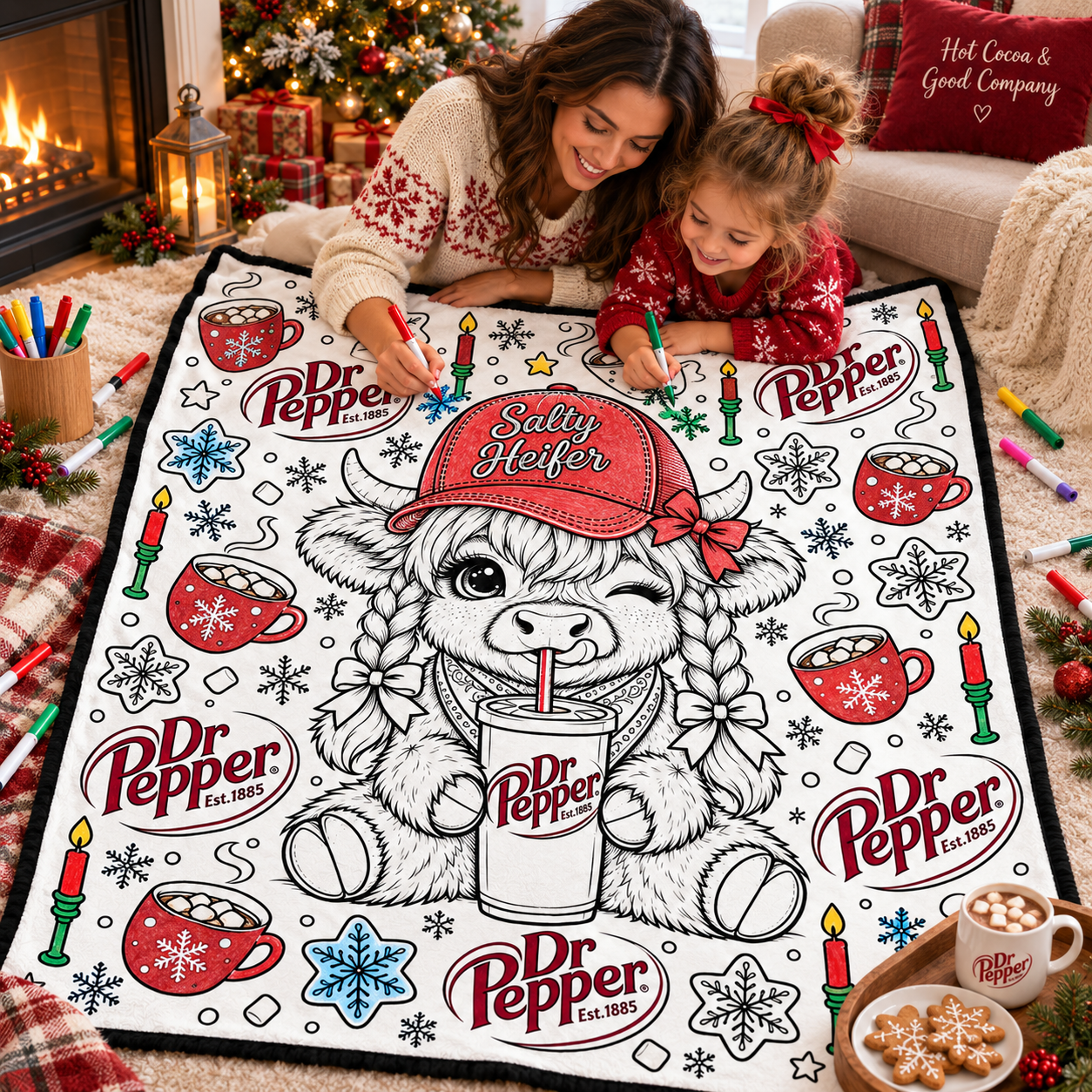 Highland Cow Dr Pepper Coloring Blanket, DIY Color Your Own Blanket, Cute Cow Soda Themed Throw Blanket, Creative Art Gift for Cow and Soda Lovers