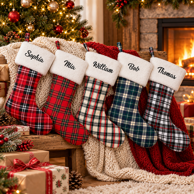 Personalized Plaid Christmas Stocking, Custom Embroidered Name with Plush Cuff, Christmas Holiday Decor & Gift for Family and Pets