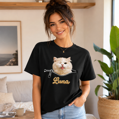 Custom Name Cute Pet Peeping Zipper Print Personalized T-Shirt Gift For Dog/Cat/Pet Lovers