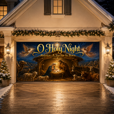 Christmas Garage Door Banner, Santa Claus & Nativity Scene Large Outdoor Garage Door Cover, Winter Holiday Yard Decor Backdrop Gift For Family, Christian Religion
