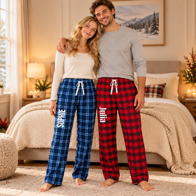 Personalized Plaid Pajama Pants, Custom Text Cotton Lounge Pants, Birthday & Christmas Gift for Couples, Family & Friends