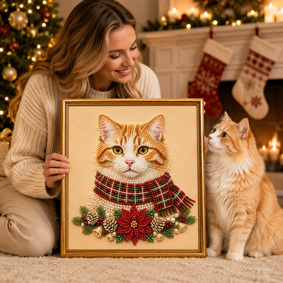 Personalized 3D Pearl Art DIY Kit – Custom Pet Christmas Portrait with Festive Scarf, Handmade Holiday Wall Decor Gift for Pet Lovers