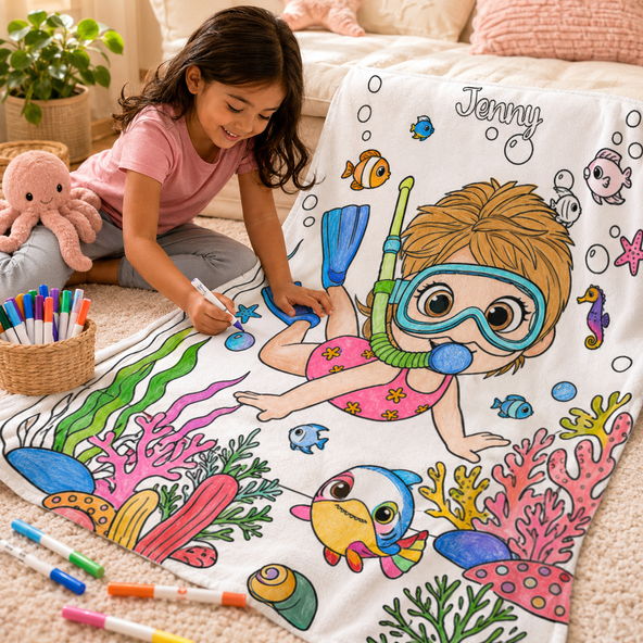Personalized Snorkel Girl Under Sea Coloring Blanket Custom Name Ocean DIY Drawing Blanket with 24 Colors Markers