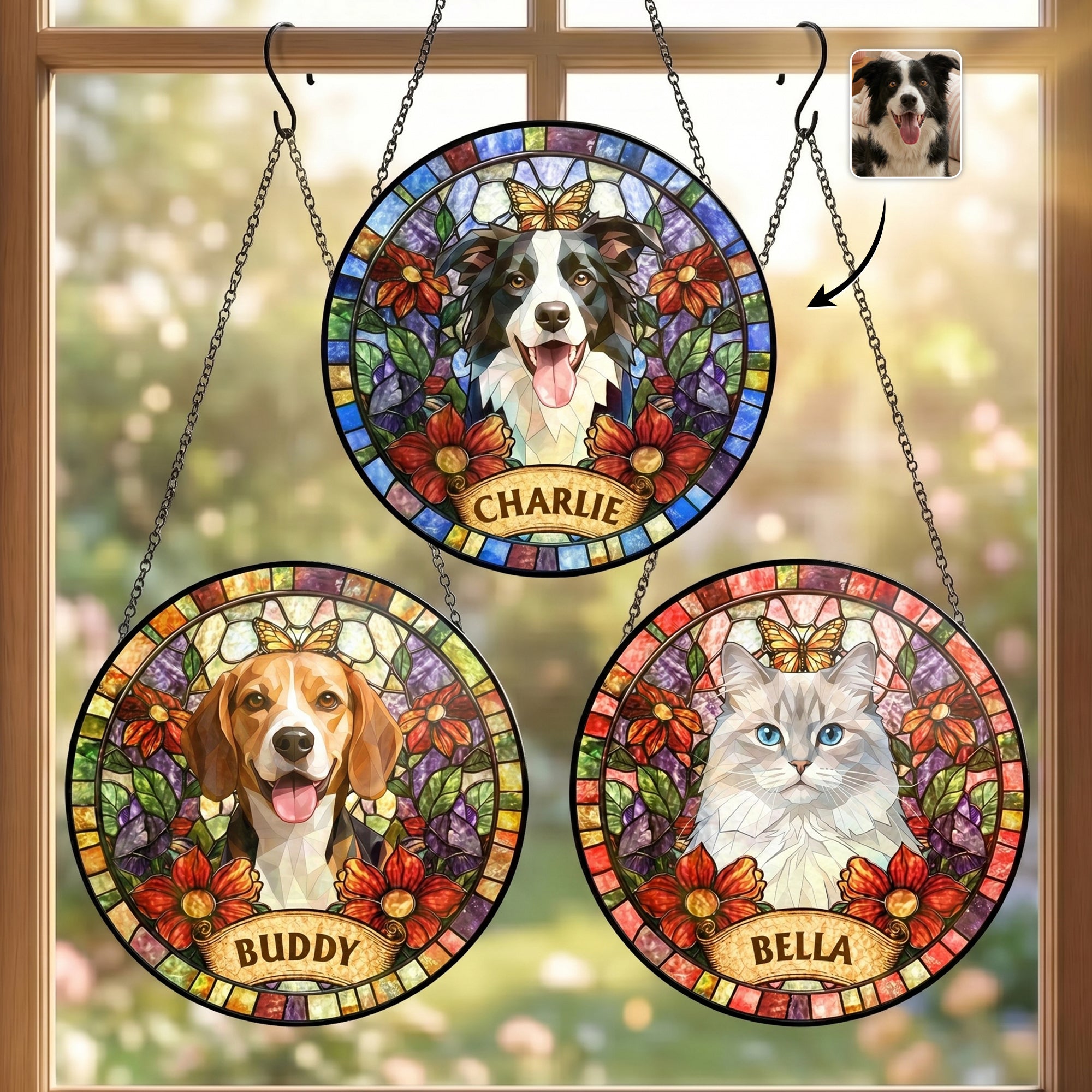 Custom Pet Portrait Stained Glass Style Gift For Pet Lovers - Personalized Window Hanging Suncatcher
