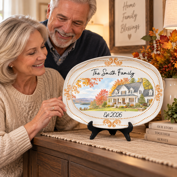 Custom New House Watercolor Art New Home Gifts Christmas Gifts For Family, Couple - Personalized Platter